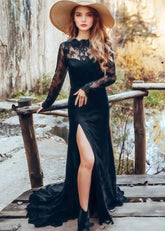 Maggie | Modest Black Tie Long Sleeve High Neck Backless Wedding Dress with Slit - Black - PromDressClub